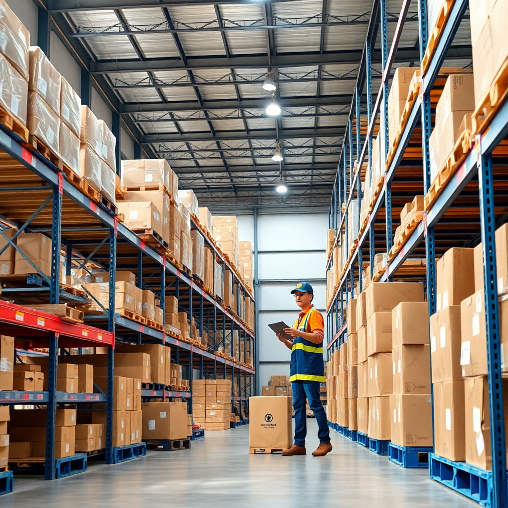 modern B2B supply chain warehouse with organized shelves and professional logistics team, bright natural lighting, business photography