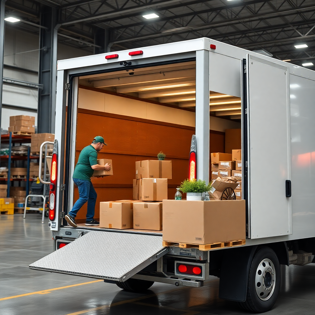 professional delivery team loading fresh products into delivery truck at modern warehouse, business logistics photography